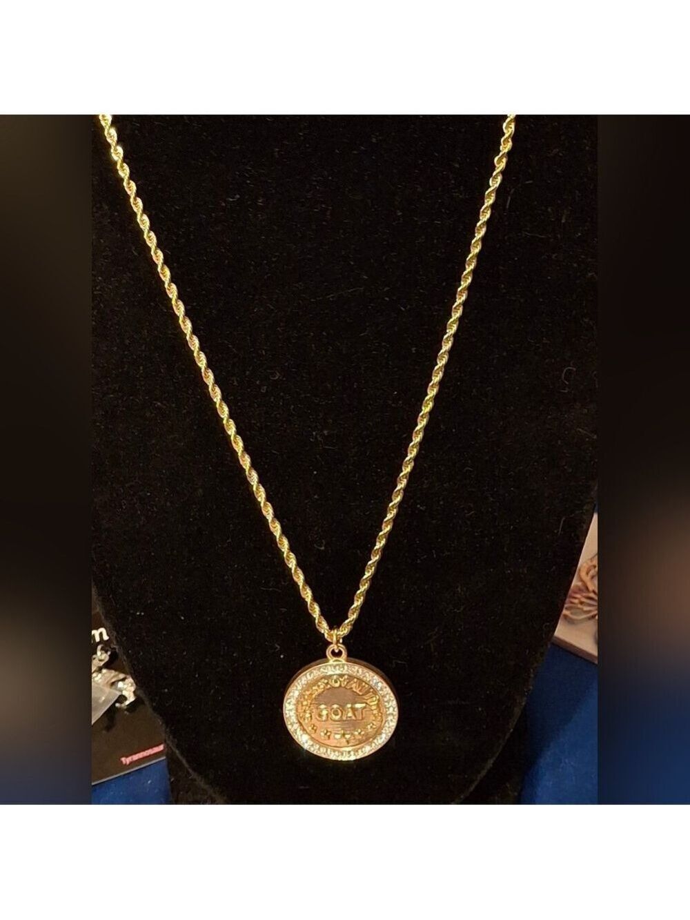 G.O.A.T. Medallion Rhinestone Disc Pendant 14kt Gold Plated Rope 18" Necklace
